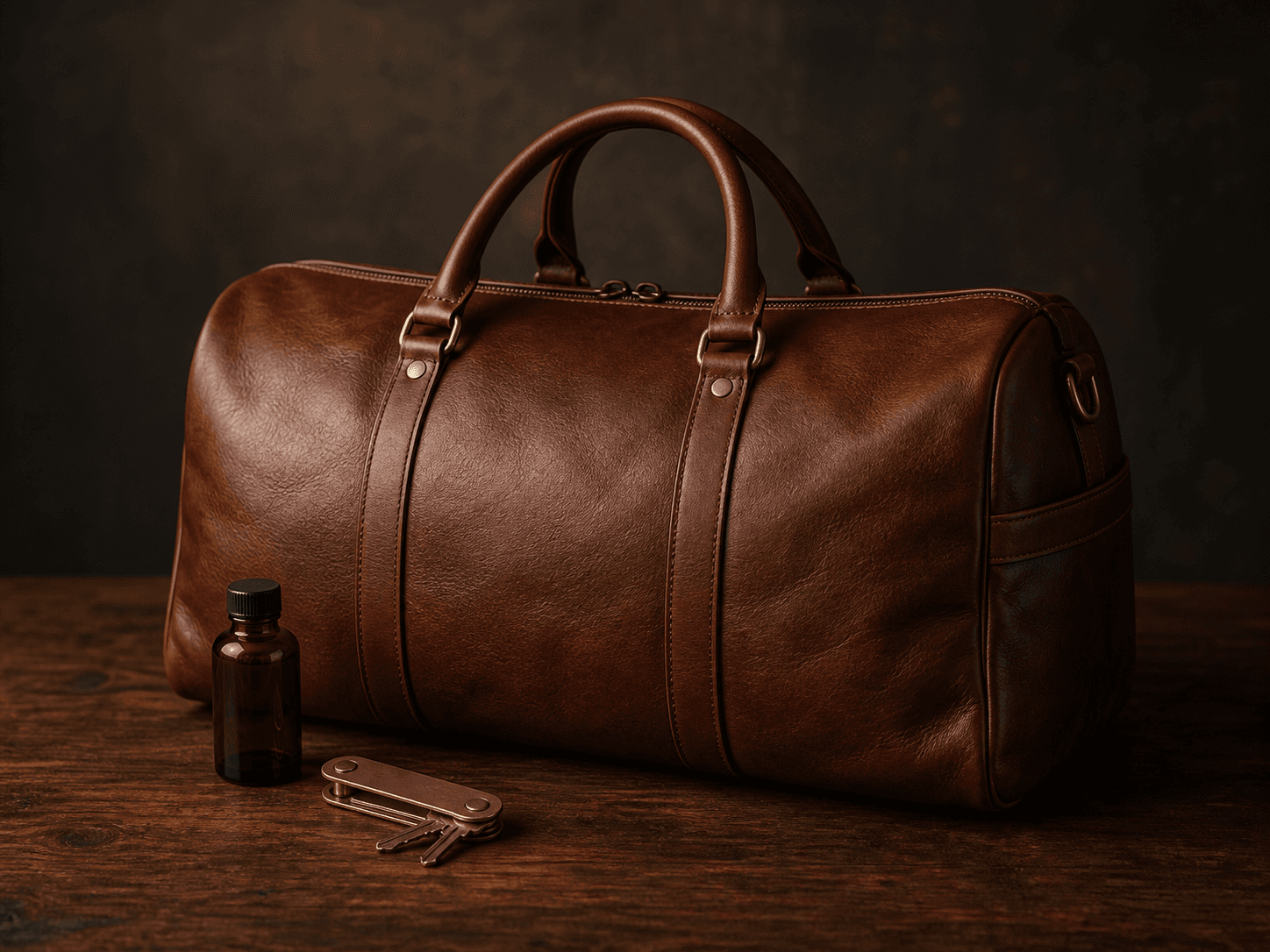 Cognac leather weekender bag with an amber bottle and brass key organizer.