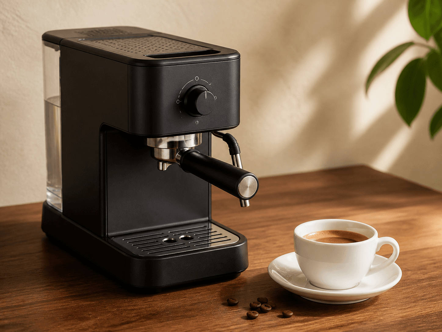 Unbranded black espresso machine with a white cup of espresso.