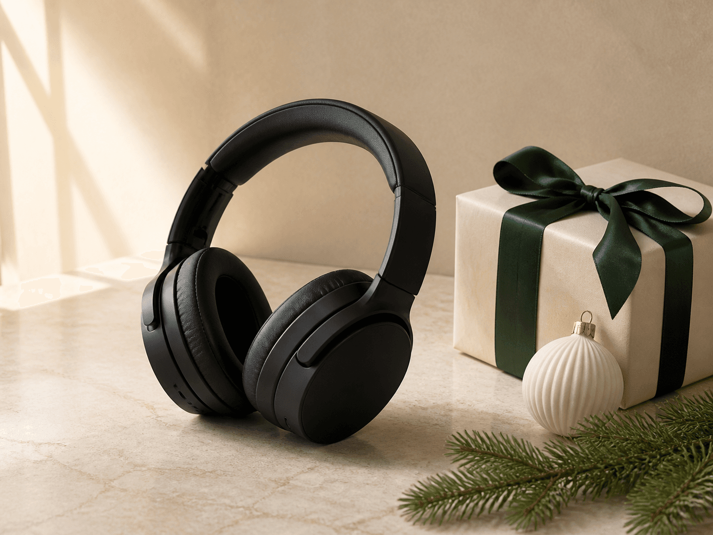 Unbranded black wireless headphones with a wrapped Christmas gift, ornament, and evergreen sprig.