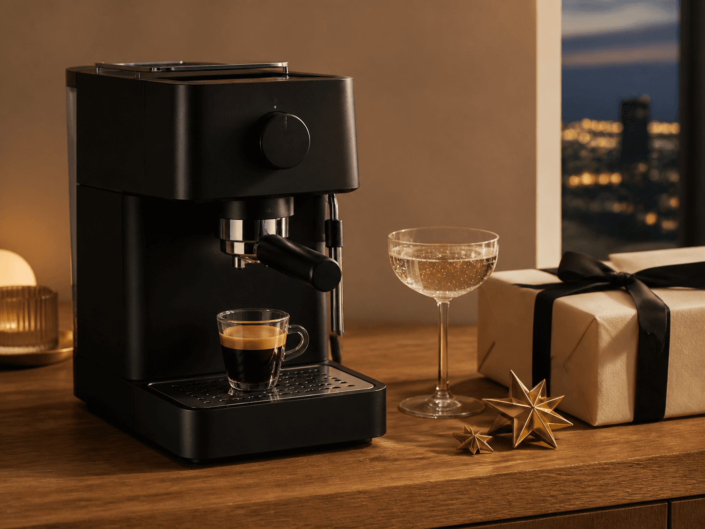 Unbranded black espresso machine beside a celebratory coupe, wrapped gift, and gold star ornaments.