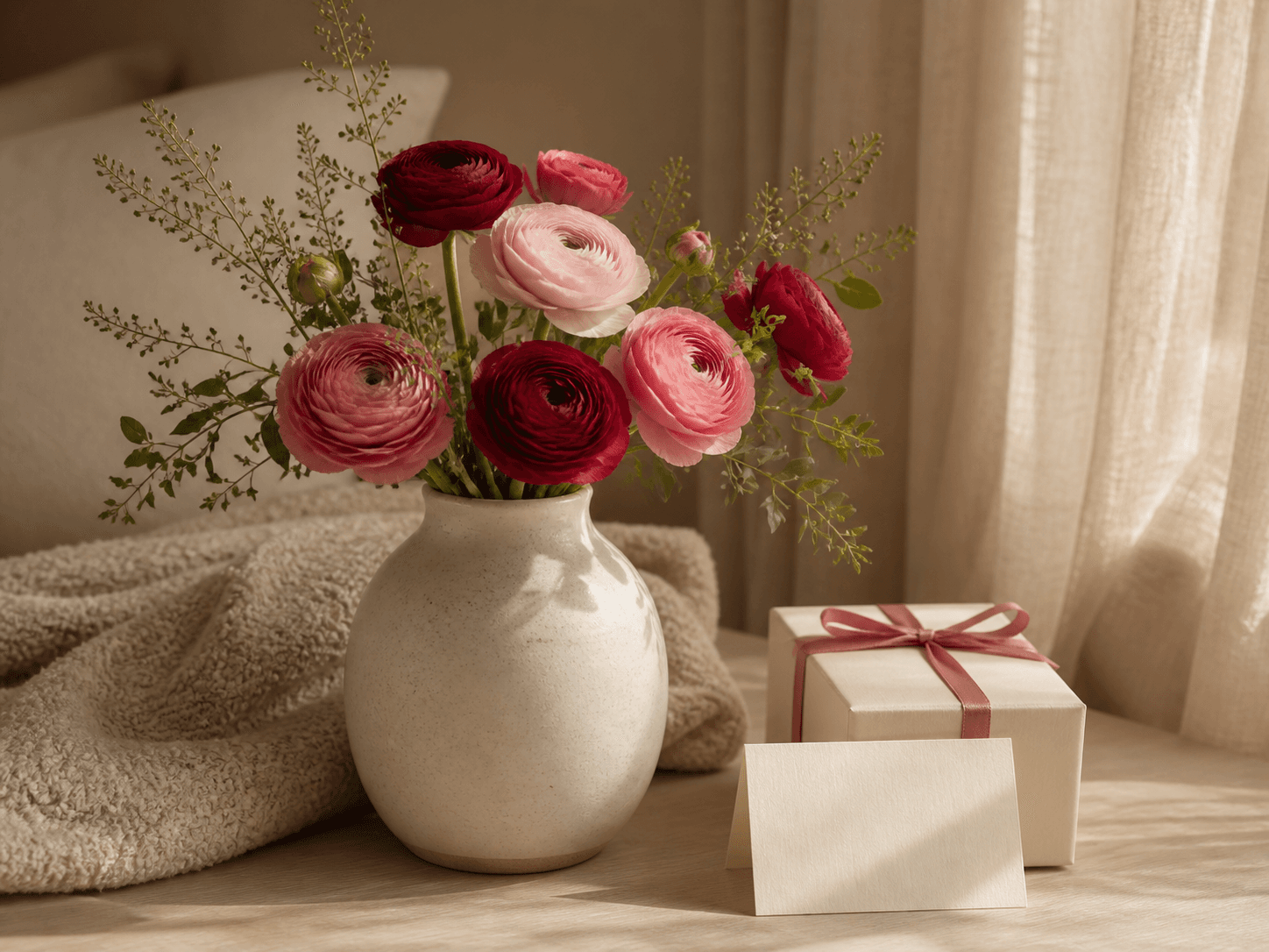 Ivory vase with pink and red ranunculus, a wrapped gift, and a blank note card.