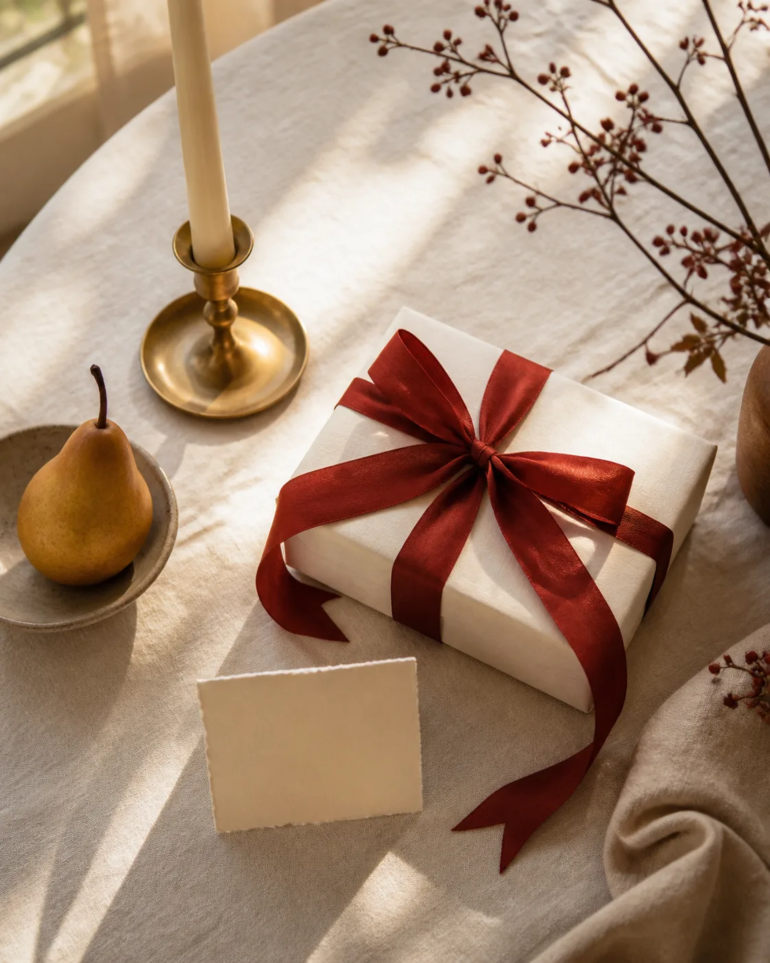 A cream-wrapped gift with a deep red ribbon beside a candle, pear, and seasonal branches.