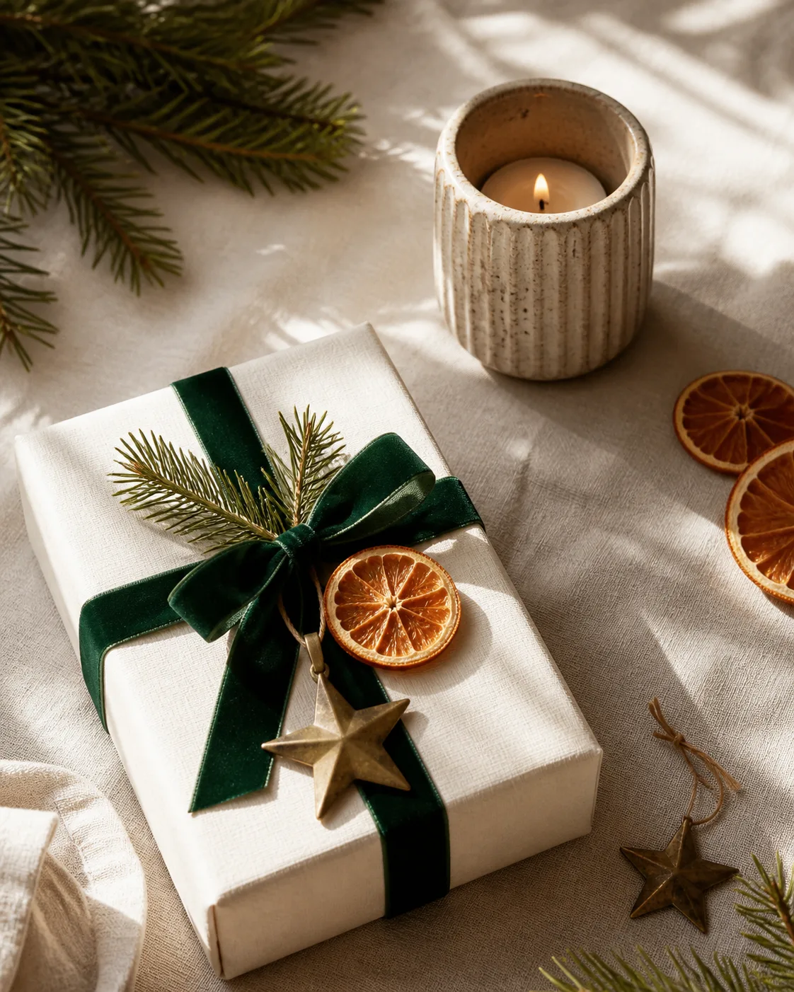 A cream-wrapped Christmas gift with a forest-green ribbon, brass star, orange slice, and pine branch.