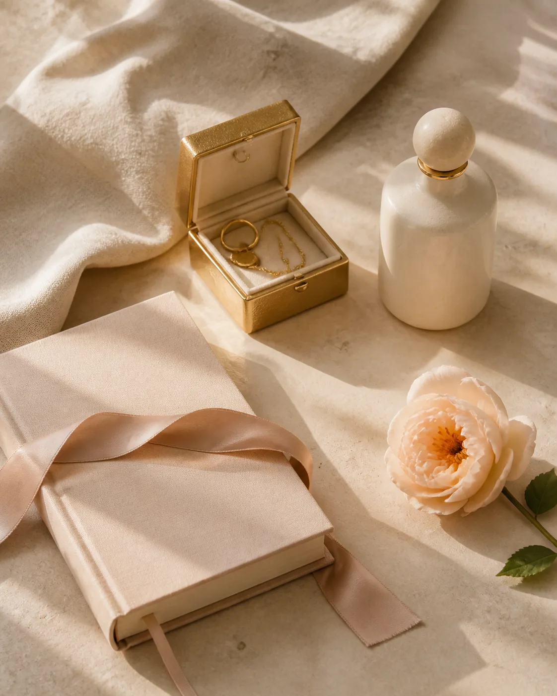 A gold jewelry box, unbranded perfume bottle, silk ribbon, and pale flower on a limestone surface.