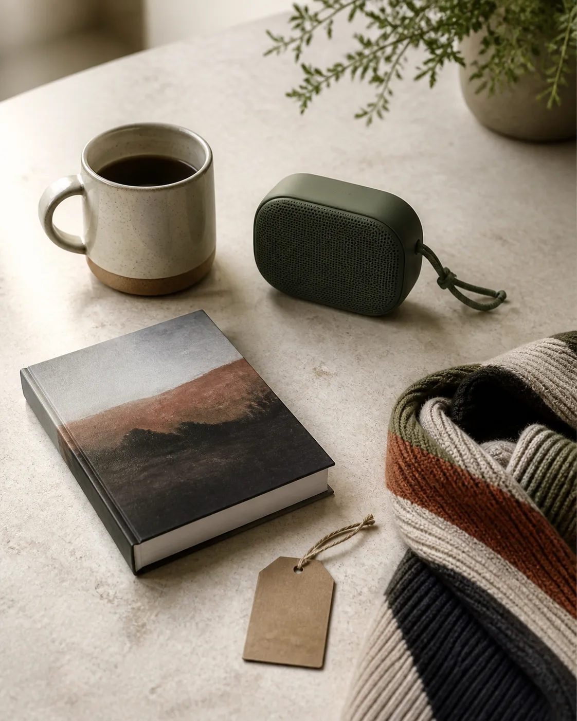 A ceramic mug, portable speaker, art book, scarf, and blank gift tag on a limestone surface.